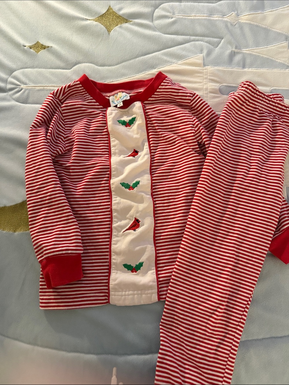 Busy Bee Smocks Striped Holiday Pajama Set with Cardinal and Holly